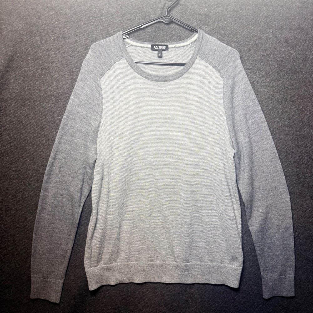 Express Merino Wool Sweater Mens Large Grey Raglan Crew Neck Knit L preppy